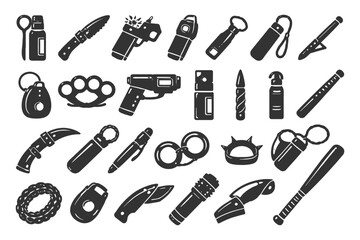 Obraz premium Collection of personal self-defense weapons and tools icons in black silhouettes.