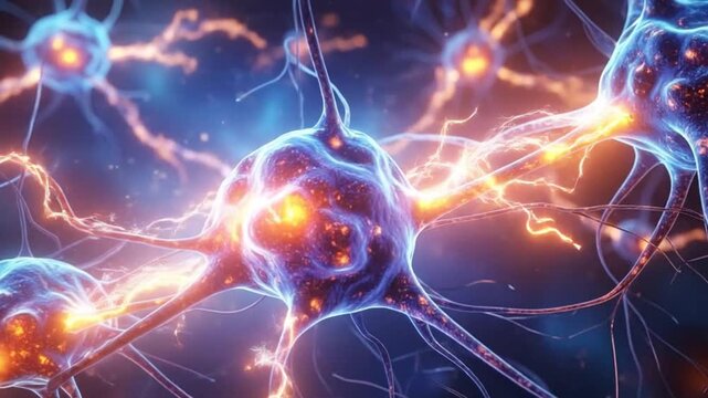Illustration of interconnected neurons transmitting electrical signals, representing neural networks and brain activity.