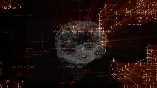 Algebraic formulas sliding 3D brain fading while axes scanning red rays bursting illustrating math