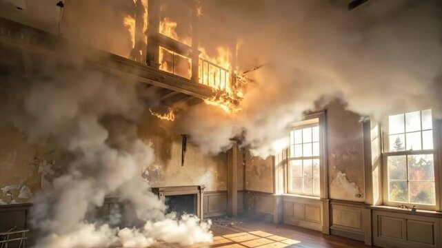 Interior of a dilapidated building engulfed in flames and smoke, showcasing destruction.