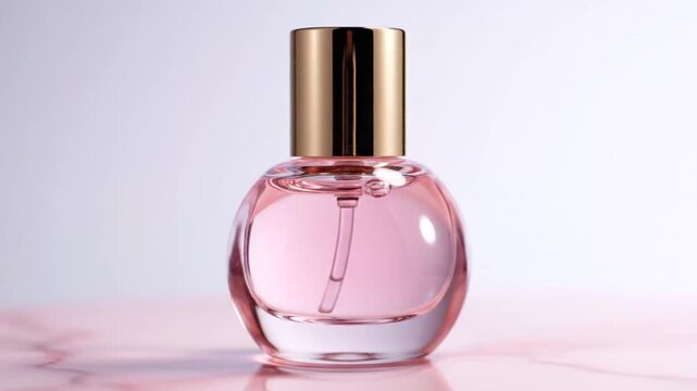 Elegant Pink Perfume Bottle Display with Soft Lighting and Reflection for Showcasing Fragrance Packaging Design