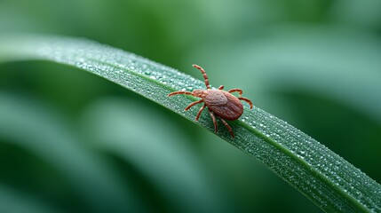 Fototapeta premium Close up of a tick crawling on a blade of grass covered in morning dew, highlighting the potential dangers of lyme disease and other tick borne illnesses in natural environments