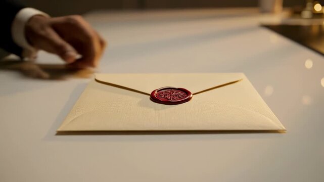 Sealed cream envelope of elegant correspondence resting on a sleek white desk is slowly pushed into the frame creating a cinematic reveal smooth push, mystery, commercial