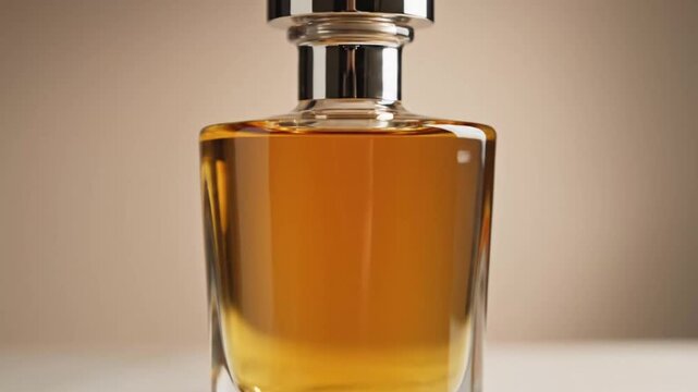 Close-up of a sophisticated amber-colored perfume bottle being filled with liquid in a luxurious setting