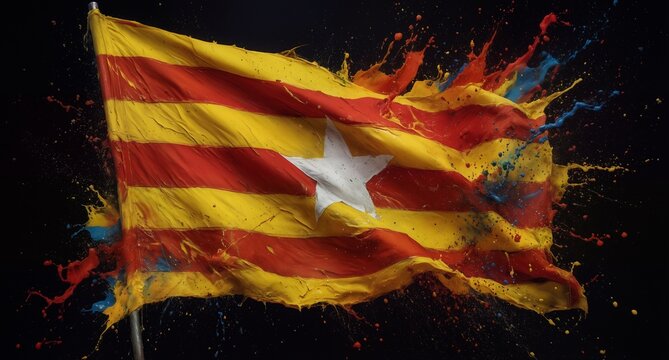 catalan flag with vibrant paint splashes on black background, representing regional pride and culture