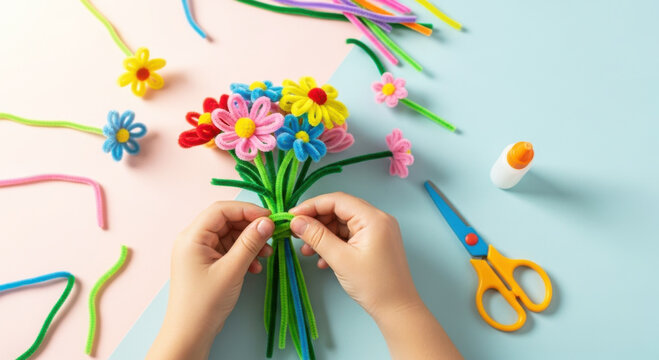 Educational Kids Craft Showing Child Hands Making Pipe Cleaner Flower on Soft Pastel Background