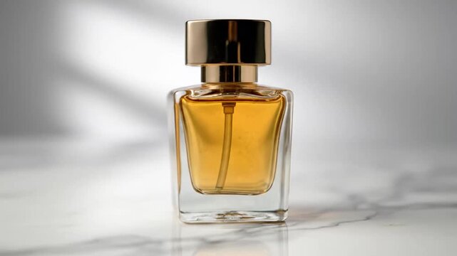 Close-up of Luxurious Amber Perfume Bottle on Marble Surface with Soft Lighting