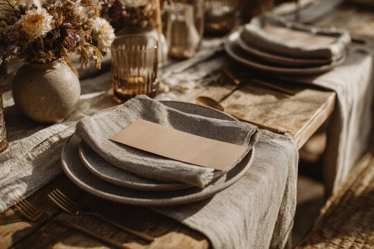 Rustic wedding reception table setting with place card