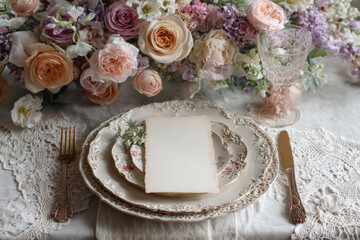 Vintage still life with antique plates and lilac flowers