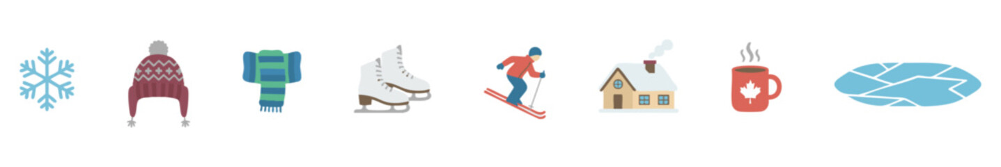 Fototapeta premium Colorful winter icons: snowflake, hat, scarf, ice skates, skier, cozy house, hot drink, cracked ice.