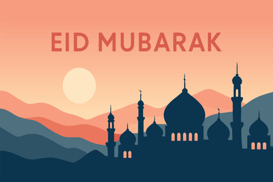 A serene Eid Mubarak greeting image featuring a stylized mosque silhouette against a warm sunset with layered hills. Ideal for celebration, religion, and travel themes.
