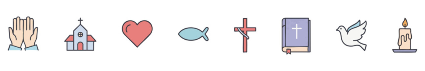 Fototapeta premium Christian icons: praying hands, church, heart, fish, cross, Bible, dove, candle.