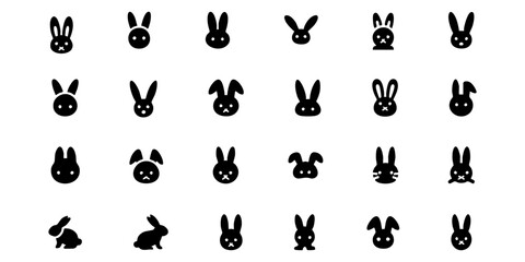 Obraz premium Rabbit silhouette icons: 25 designs with varied ears, faces, and full-body profiles.