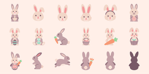 Obraz premium Cartoon Easter bunnies set: 20 pastel designs with eggs, carrots, baskets, bunny ears, festive poses.