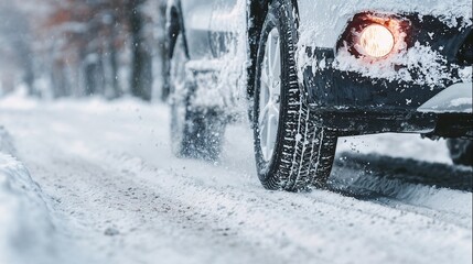 Car driving on snowy road with winter scenery in background  