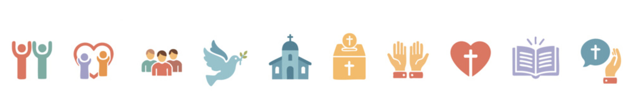 Faith and community icons: unity, heart, dove, church, donation, prayer, Bible, evangelism.
