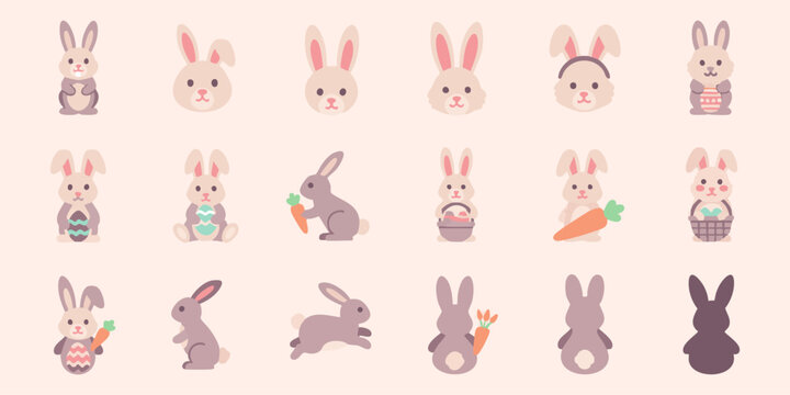 Cartoon Easter bunnies set: 20 pastel designs with eggs, carrots, baskets, bunny ears, festive poses.