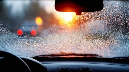 View through car windshield with rain and sunset on the road  