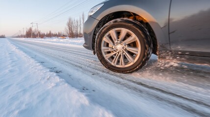 Car driving on snowy road with winter landscape in the background  