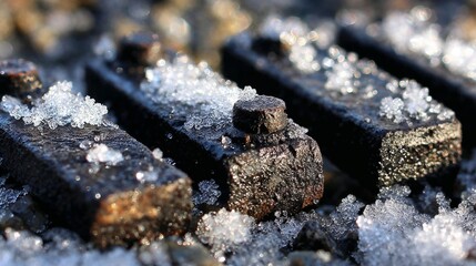 Metal railroad tracks covered in frost and ice on cold winter morning  