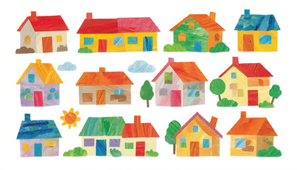 Colorful cartoon houses and buildings illustration.