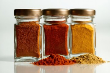 Assorted spice jars featuring colorful powder variations for culinary use