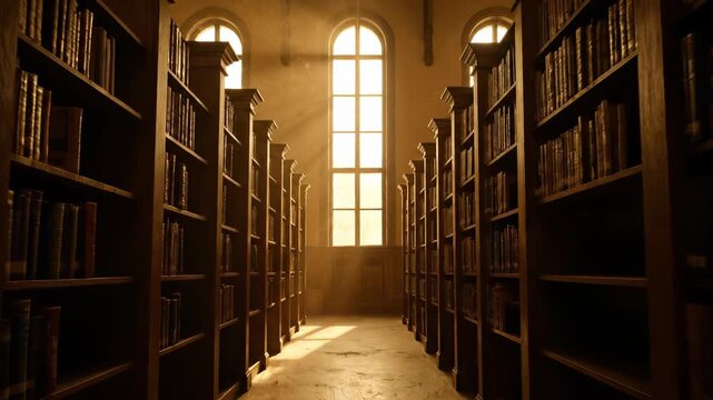 Mysterious Library Footage Video, Rows of Bookshelves, Dimly Lit, Aisle View, Historic Architecture