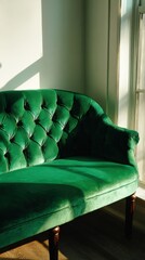 Elegant green velvet sofa in natural light setting