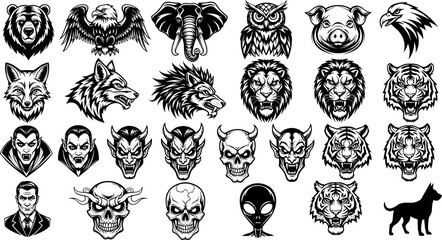 Big collection of black and white vector mascot heads featuring wild animals, mythical demons, skulls, vampires and aggressive sport logos. © DALIARA 