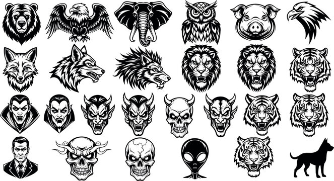 Big collection of black and white vector mascot heads featuring wild animals, mythical demons, skulls, vampires and aggressive sport logos.