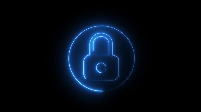 Glowing neon lock animation icon neon glowing privacy security password encryption circle animated on black background.4k video
