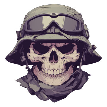 Stylized illustration of a skull wearing a military helmet, goggles, and a scarf, depicted with a grim expression.