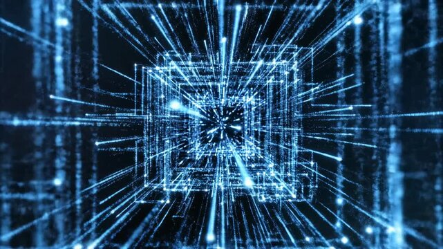 Seamless abstract animation of digital blue lines representing data streams splitting into multiple glowing paths and entry points lines, cyber, points