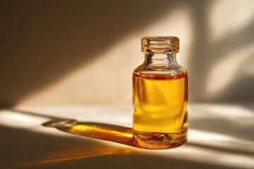 Glass bottled liquid in natural lighting with shadow play