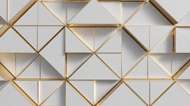 Seamless abstract geometric motion graphic loop of evolving white triangular shapes accented with glowing thin golden lines creating a modern Nordic pattern background creating, white, shapes
