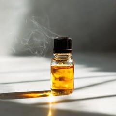 Small glass bottle of essential oil with smoke on light surface