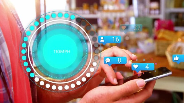 Animation of speedometer and social media icons against mid section of man using smartphone