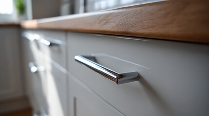 Close up view of modern kitchen drawer handle with sleek design and natural wood countertop