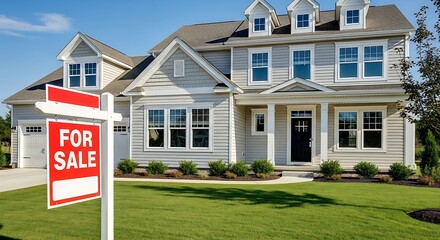 Bright sunny day view of a white two-story house with porch, manicured lawn, red For Sale sign under clear sky with soft clouds and warm sunlight