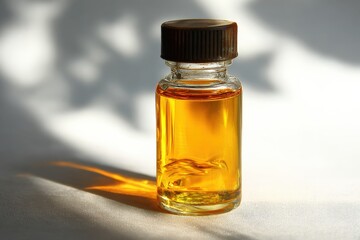 Clear glass bottle containing golden liquid with dramatic lighting and shadow effects