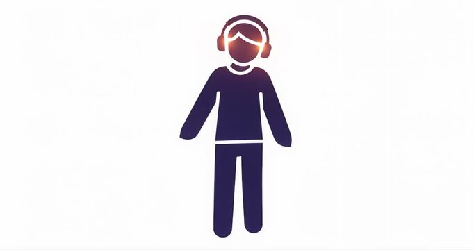 Iconic silhouette of person with headphones listening on white background
