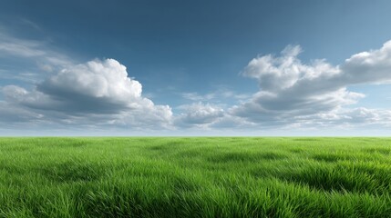 Fototapeta premium Lush Green Grassy Field Under Bright Blue Sky with Fluffy White Clouds and Expansive Horizon Perfect for Nature and Landscape Photography Projects