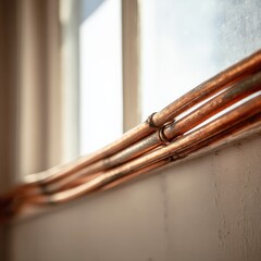 Close up view of copper pipes in natural light with window reflection