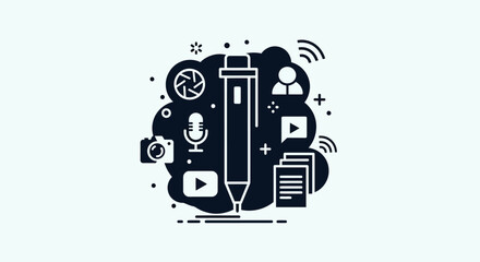Naklejka premium Creative Pencil Icon with Multimedia Symbols.
