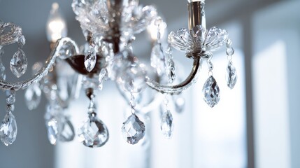 Elegant crystal chandelier suspended in modern interior with soft natural lighting