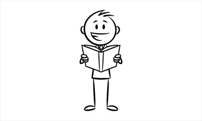 A happy stick figure man joyfully reading an open book with a big smile