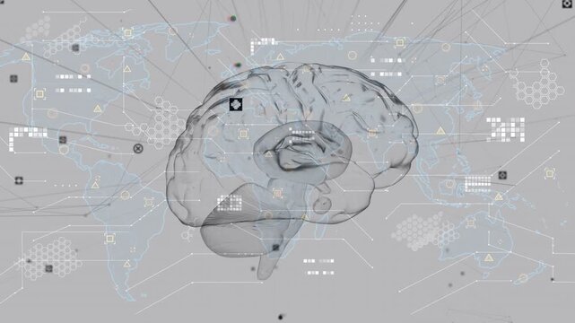 Animation of brain over world map and icons on grey background