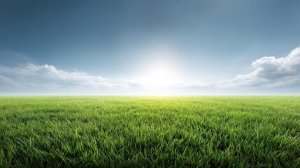 Obraz premium Beautiful expansive green grass field under a clear blue sky with soft clouds and a bright sun rising on the horizon creating a serene landscape