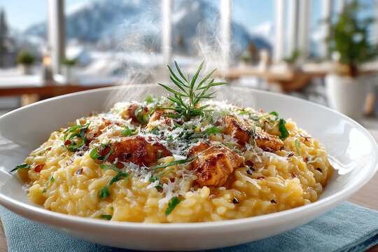 Risotto cremoso con queso rallado y pollo servido caliente con decoraci&oacute;n de hierbas, con paisaje invernal monta&ntilde;oso al fondo.
