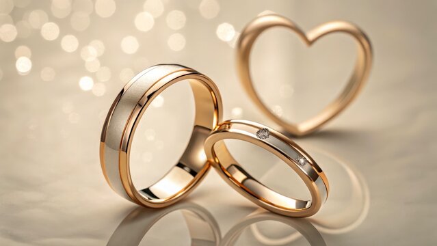 Three rings arranged in a heart shape with a blurred background of soft lights